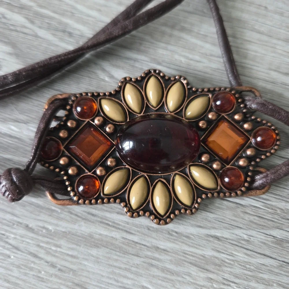 Boho Amber Stone Medallion Tie Belt Brown Faux Leather Western Festival Waist 28
